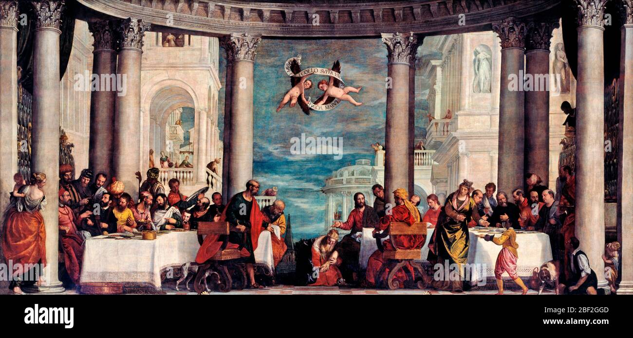 Das Fest im Haus des Pharisäers Simon - Darstellung der Szene des Evangeliums von der "heiligen Frau", die Jesu Füße mit ihren Tränen wusch und mit ihren Haaren trocknete, Und deren Ausgießung der Liebe wurde im Gegensatz zu Simon's auffällige mangelnde Gastfreundschaft gegenüber Jesus - Paolo Veronese, 1570 Stockfoto