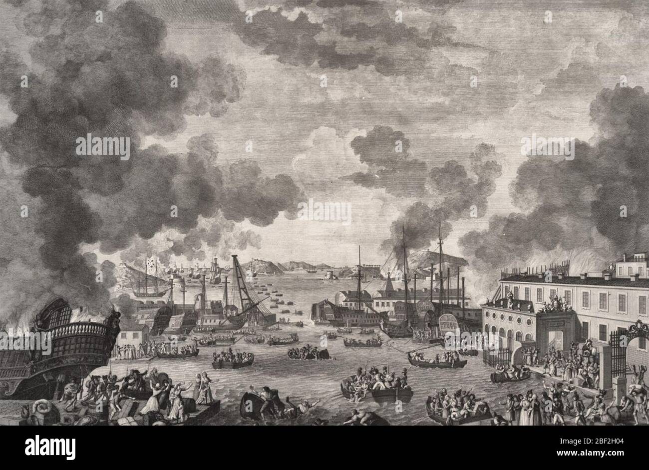 Die bewaffnete Koalition gegen Frankreich evakuierte 1793 den Hafen von Toulon. Das Feuer des Teiles der französischen Flotte und des Arsenals. Stockfoto