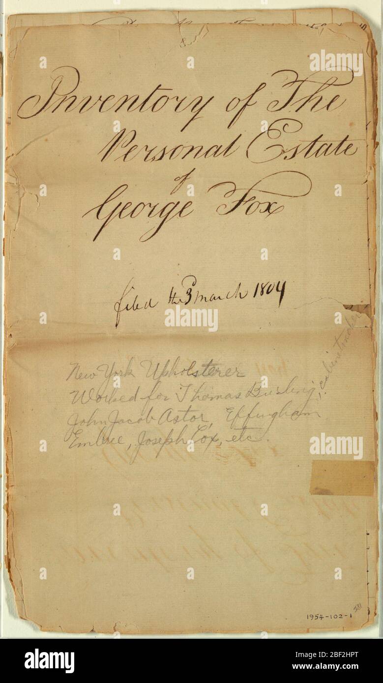 Inventar des Nachlasses von George Fox. Stockfoto