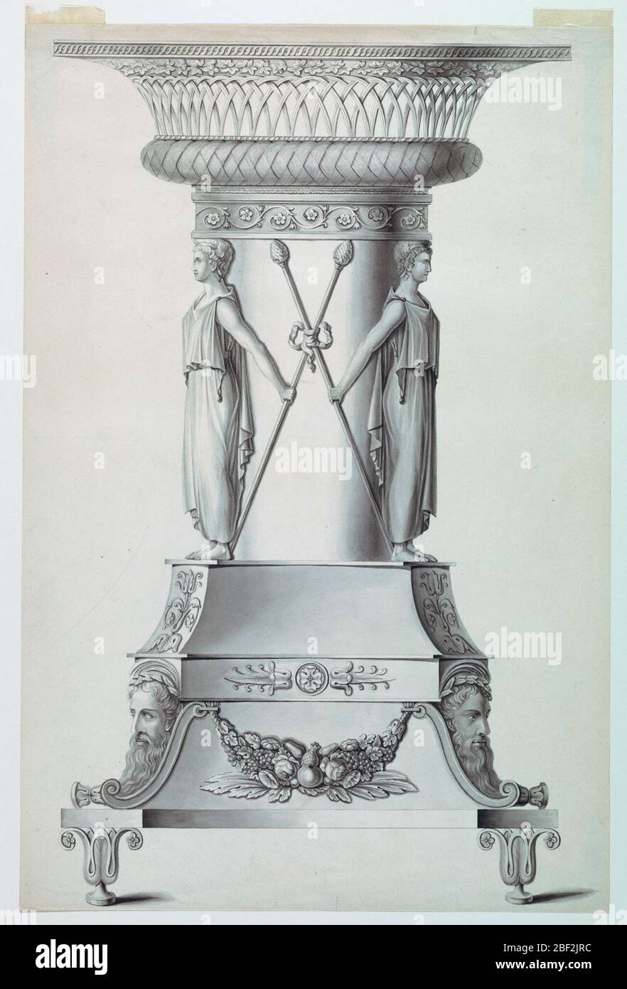 Design für eine Schüssel mit Ständer. Ein Sockel mit kompliziertem Design, der ein Fruchtfest mit bärtigen Masken und Pflanzenmotiven zeigt, wird von Lotusblüten unterstützt. Eine große und kurze Säule ist von Mädchen umgeben, die einen Thyrsus in beiden Händen halten. Das Kapital ist wie ein Korb geformt. Stockfoto