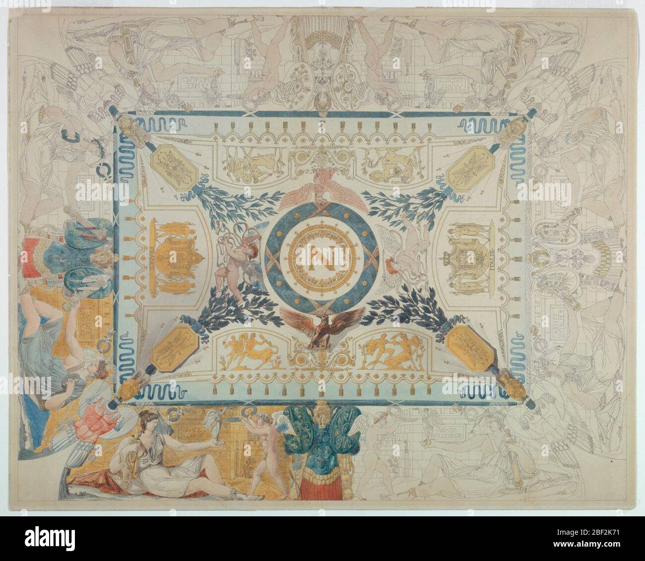 Design für eine bemalte Decke. In der Mitte des mittleren Rechtecks befindet sich ein kreisförmiges Medaillon mit Napoleonischem N; seitlich sind die Wappen des Kaisers und des Königs von Italien zu sehen. Stockfoto