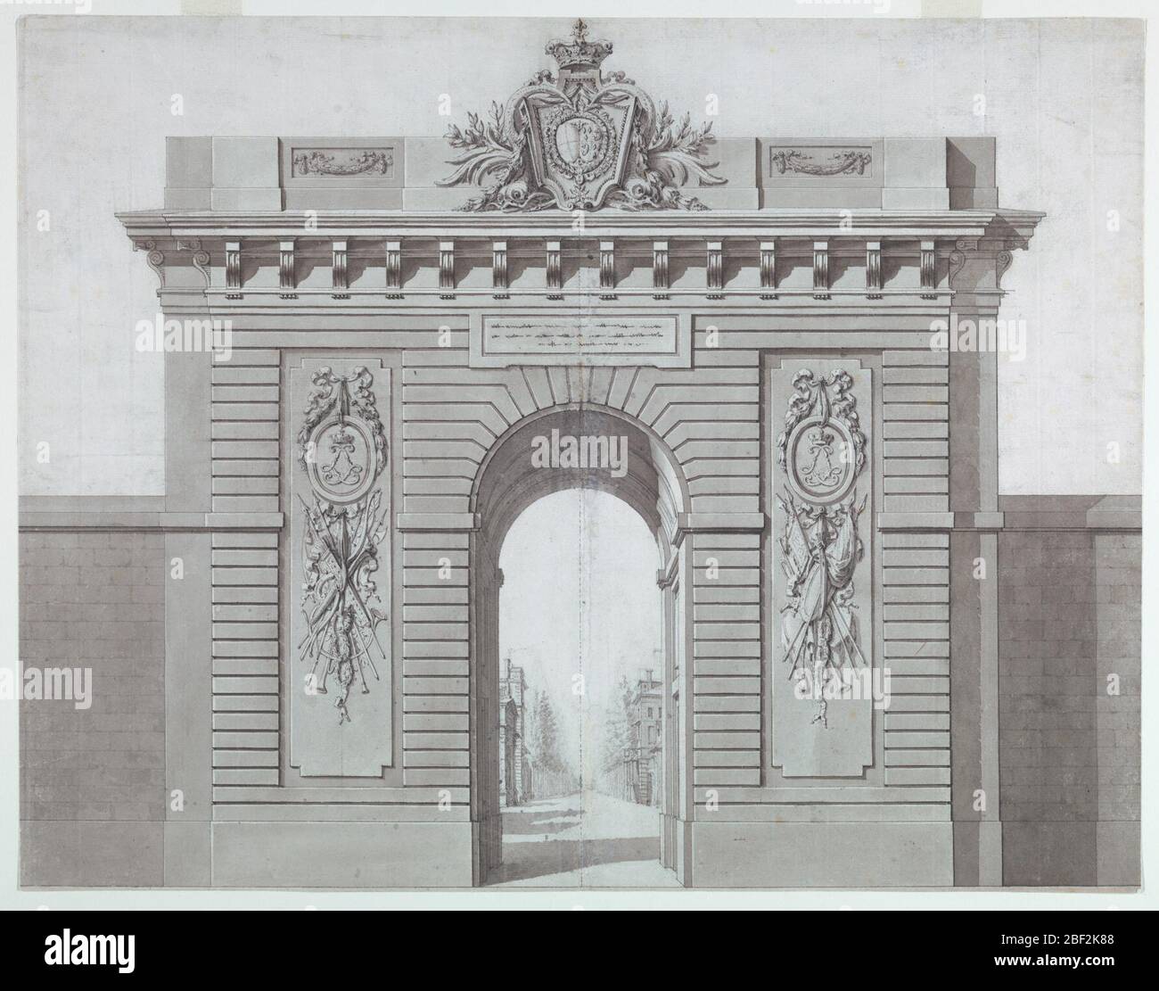 Entwurf für ein monumentales Tor zur Ankunft von Marie Antoinette in Versailles. Eine einzige gewölbte Öffnung, die von der Krone der Marie Antoinette überragt wird. An beiden Seiten des Bogens, Tafeln mit Trophäen von Waffen und ovale Medaillons mit dem Gerät der Dauphin, zwei 'L, verriegelt. Stockfoto