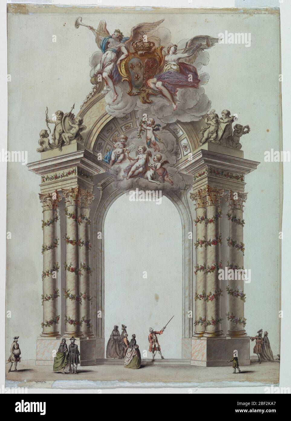 Tor zum Tempel von Hymen Pavillon auf dem Place Dauphin Paris Frankreich errichtet. Ein großes Bogentor mit Säulen auf beiden Seiten mit dekorierten Girlanden gewickelt. Gruppen von Putti-Skulpturen an der Spitze jeder Reihe von Säulen mit Schilden, Bögen und Pfeilen. Stockfoto