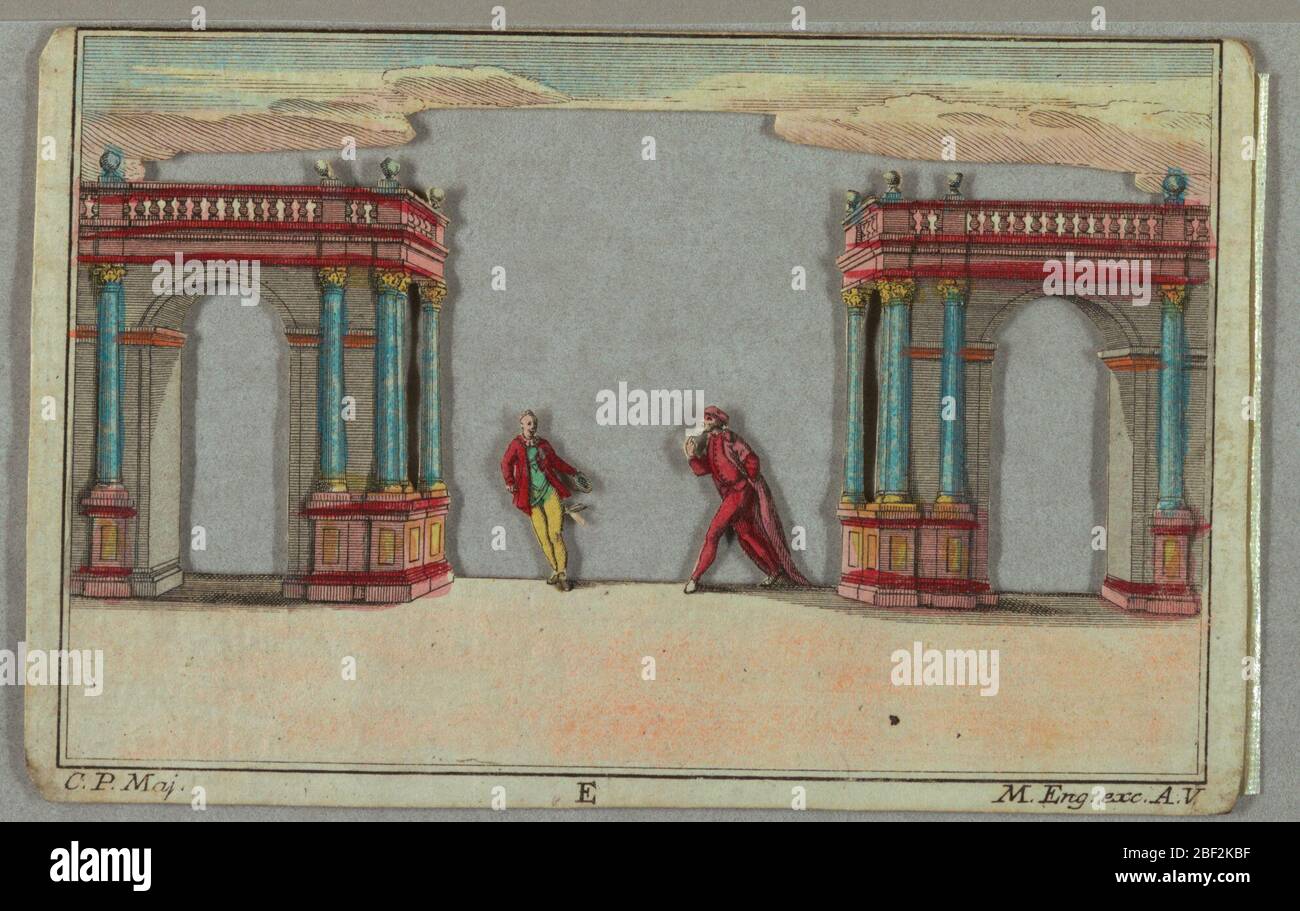 Opera Peepshow. Sechs Figuren in histrionic Posen in einer Einstellung von Bögen und Säulengängen mit Säulen in blau. Auf der Rückseite, ein Brunnen und ein Pool in einem formellen Garten. F hat eine Gartenszene mit Brunnen, Rampen und Gebäuden auf der Rückseite. Stockfoto