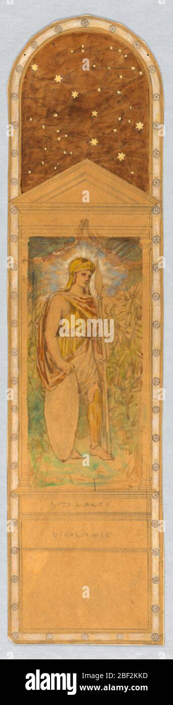 Vigilance Design für ein Buntglasfenster. Hohe, vertikale Komposition mit gewölbter Oberseite. Mitte, Mann in einem Helm mit Speer und Schild. Er steht leicht nach rechts. Laub links und rechts. Sterne oben, das Sternbild großer Wagen. Wachsamkeit, zweimal auf Basis unten geschrieben. Stockfoto