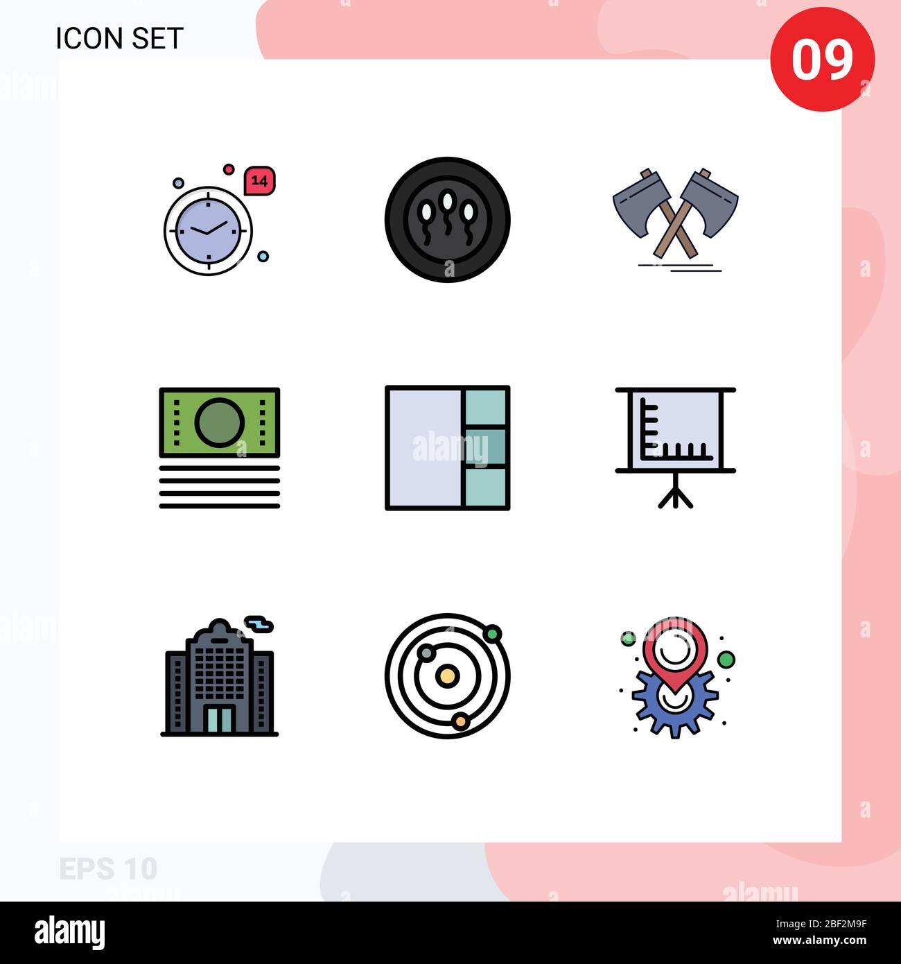 Set von 9 modernen UI-Symbole Symbole Symbole Zeichen für Tafel, Gitter, Beil, Shop, Bargeld editierbar Vektor Design-Elemente Stock Vektor