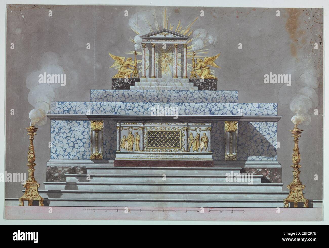 Altar einer Jungfrau Martyr St. Lucy gewidmet. Entwurf für einen Altar. Das Grab hat die Form der Vorderseite eines spätklassischen Sarkophags, dessen Mittelteil meist aus einer Öffnung besteht, die durch ein Gitter geschlossen wird, das aus Halbkreisen gebildet wird. Seitlich sind Reliefs. Stockfoto