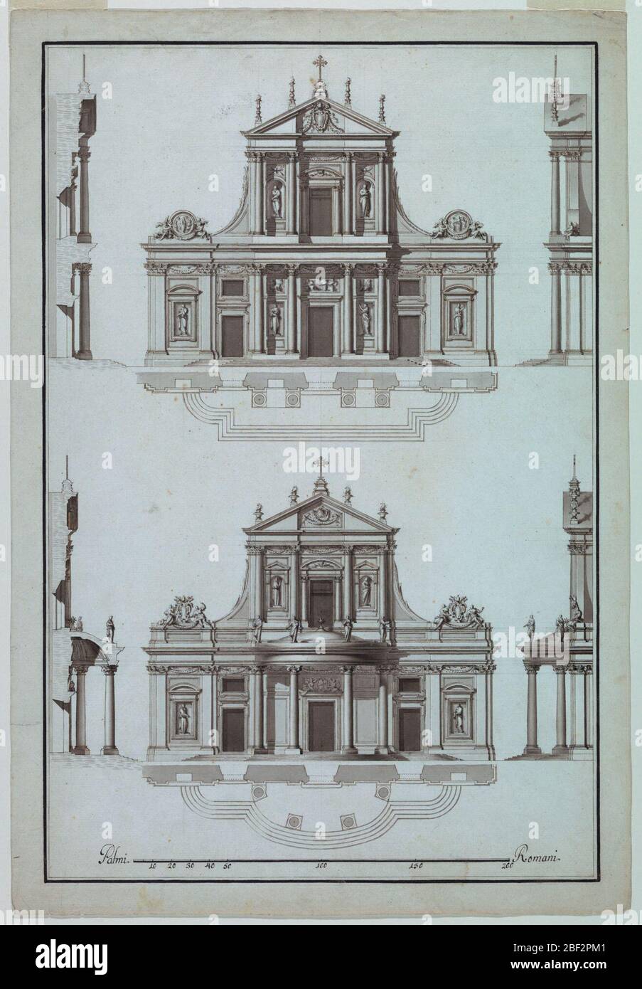 Zwei Varianten einer Fassade von S. Maria Sopra Minerva Rom. Zwei Grundrissprojekte und Höhenprojekte für eine Kirchenfassade. Im oberen Projekt wird das untere Geschoss mit drei Buchten von einem Dachgeschoss mit Giebel gekrönt. Ein päpstlicher Escutcheon ist im Giebel. Stockfoto