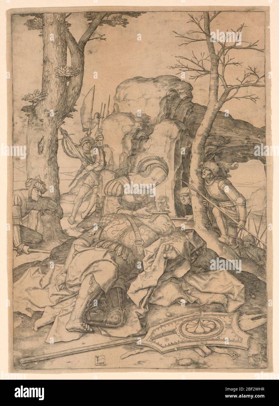 Samson und Delilah. Delilah sitzt auf einem Felsen im Vordergrund und schneidet Samsons Haare, während er seinen Kopf auf ihrem Schoß auflegt. Philister Soldaten sind im Hintergrund. Samsons Waffen sind vor ihm auf dem Boden. Stockfoto