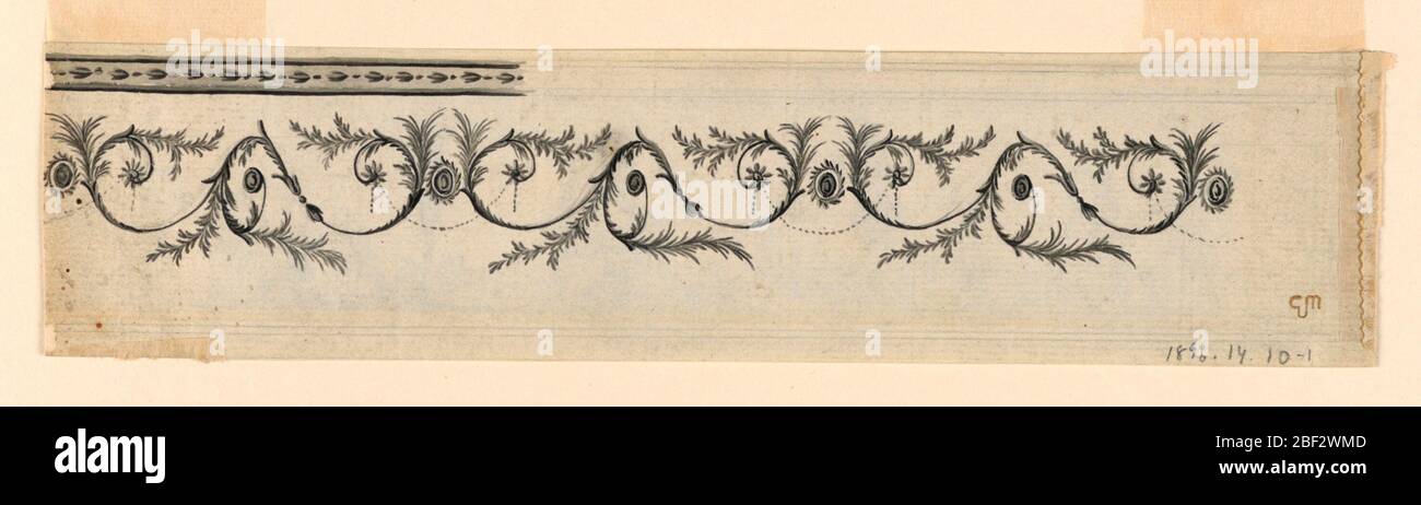 Entwurf für einen gemalten Fries. Ein Fries aus Rinceaux-Motiven mit drei Spiralen, die durch ein Perlenfest und ein Peahenauge verbunden sind. Rückseite: Satyrs in Landschaft. Drei Satyrs blasen Musikinstrumente, zwei Satyr Kinder spielen Tamburinen. Ein Satyr trägt ein totes Lamm zu einem Altar, links. Stockfoto