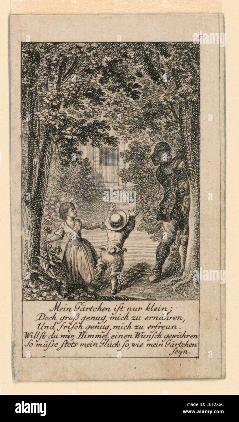 Prayer for Happiness Illustration for Knigl Grosbrit anische genealogischer Kalender auf das 1780 Jahr Lauenberg bey JG Berenberg. Ein Mann und zwei Kinder in einem Garten. Das Gedicht sagt, dass das gardem, obwohl klein, groß genug ist, um genügend Nahrung und frisch genug für den Sprecher zu liefern. Er betet, dass sein Glück wie sein Garten sei. Stockfoto