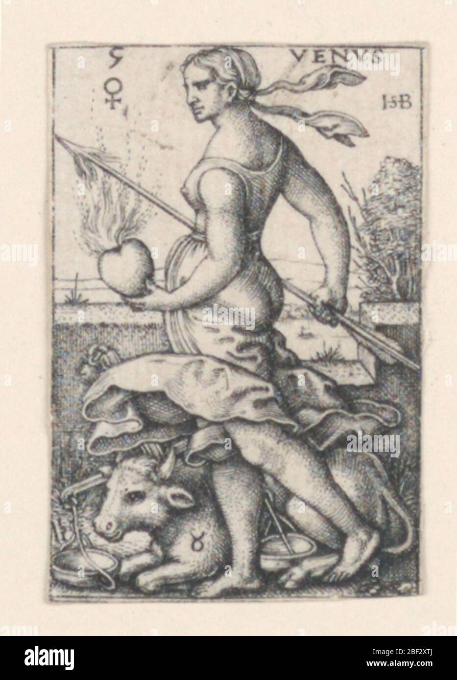 Venus von den sieben Planeten. Die Figur der Venus ist im Profil zu sehen, sich nach links bewegend. Sie trägt einen Pfeil in ihrer rechten Hand, ein flammendes Herz in ihrer linken Hand. Sie wird von Stier (dem Stier) begleitet. Oben rechts das Wort 'VEN' und oben links das Symbol für Kupfer. Stockfoto Venus von den sieben Planeten. Die Figur der Venus ist im Profil zu sehen, sich nach links bewegend. Sie trägt einen Pfeil in ihrer rechten Hand, ein flammendes Herz in ihrer linken Hand. Sie wird von Stier (dem Stier) begleitet. Oben rechts das Wort 'VEN' und oben links das Symbol für Kupfer. Stockfoto