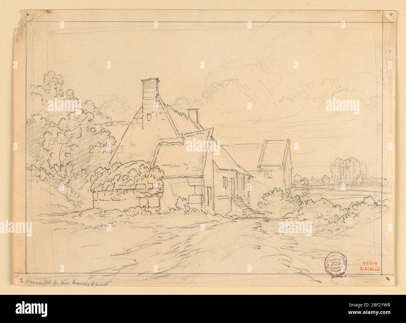 Bauernhäuser an einem See. Der See ist rechts, im Hintergrund. Die Häuser erstrecken sich von links nach rechts. Rahmenlinien. Stockfoto