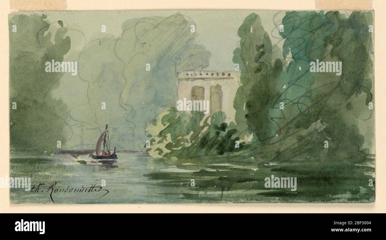 Imaginäre Landschaft. Blick in einen Park mit einem Segelboot auf dem Wasser. Ein Teil einer fantastischen Struktur ist gezeigt. Stockfoto