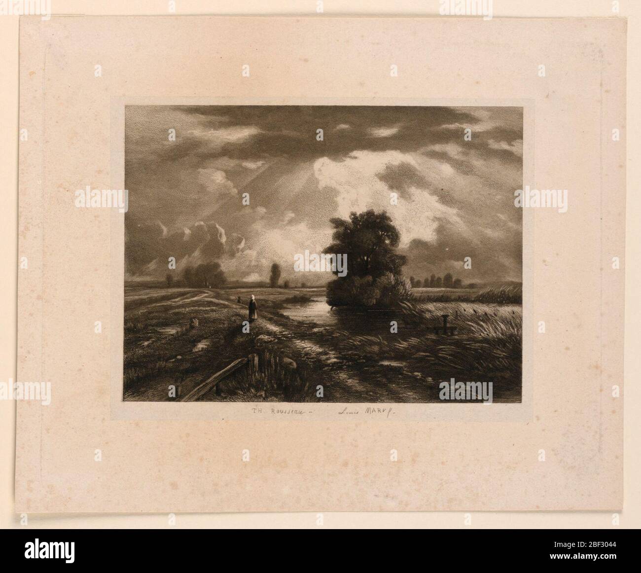 Sonnenschein Nach Regen. Flusslandschaft mit einer Straße von rechts nach links. Eine Frau, die die Straße entlang geht. Rechts vom Fluss ein Baum; andere Bäume in der Ferne. Eingeschrieben, in der Mitte: 'Th. Rosseau - Louis Marvy'. Stockfoto
