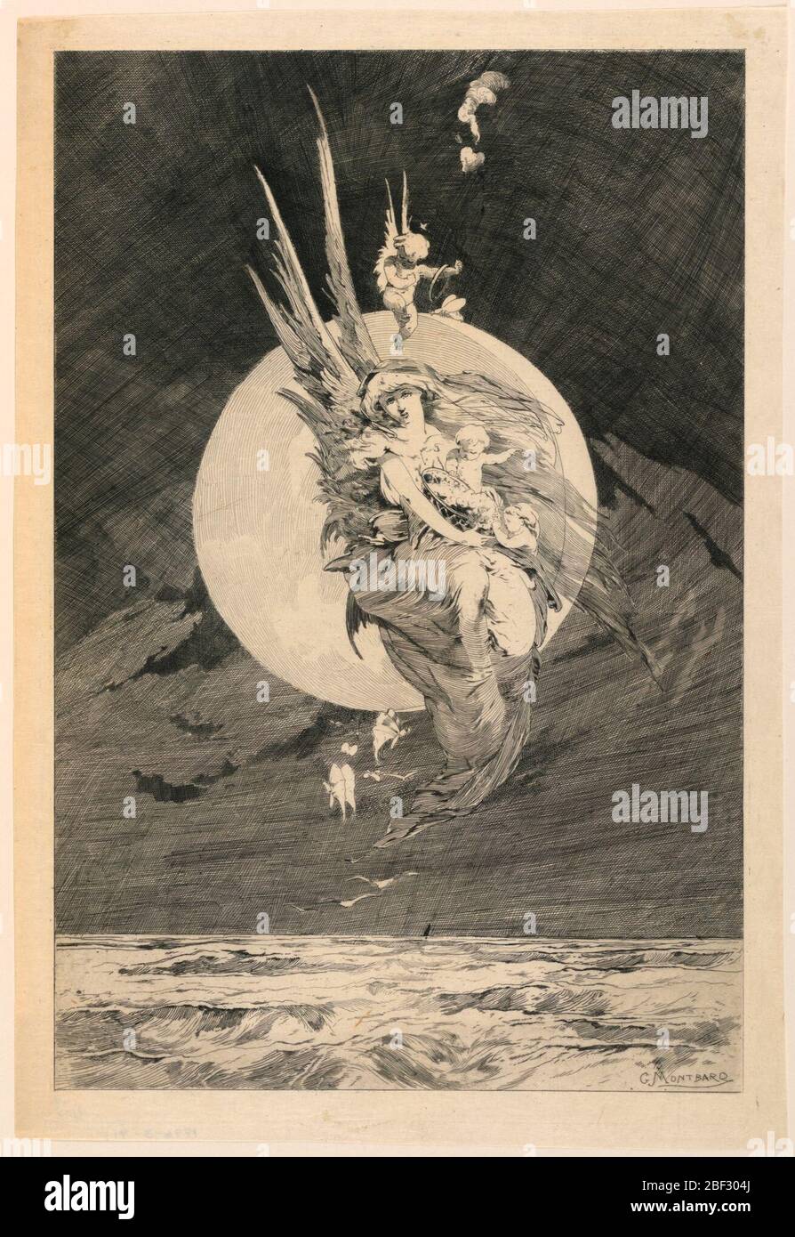 La Lune de Miel. Eine geflügelte weibliche Figur, die in der Luft schwebt, mit drei Putten und Schmetterlingen. Hinter ihr der Mond, unten das Meer. Beschriftet, unten rechts: 'G. Montbard“. Stockfoto