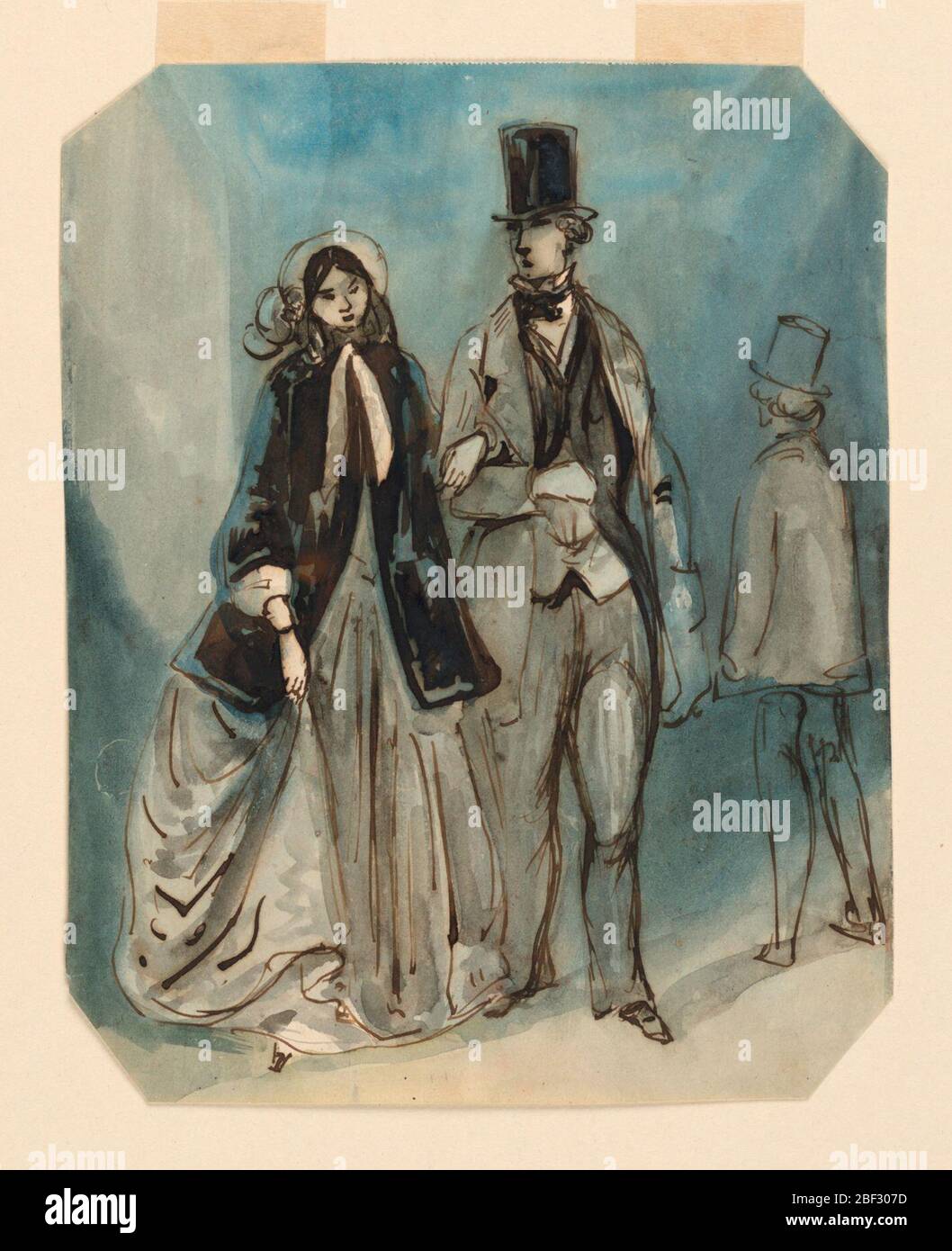 Die Promenade. Vertikales Rechteck, abgeschrägte Ecken. Ein Paar, das Arm in Arm sich vornüber ansieht. Frau in einem Seidenrock mit einer hüftlangen schwarzen Samtjacke gekleidet; Mann in Nachmittagskleidung, hoher Seidenhut. Stockfoto