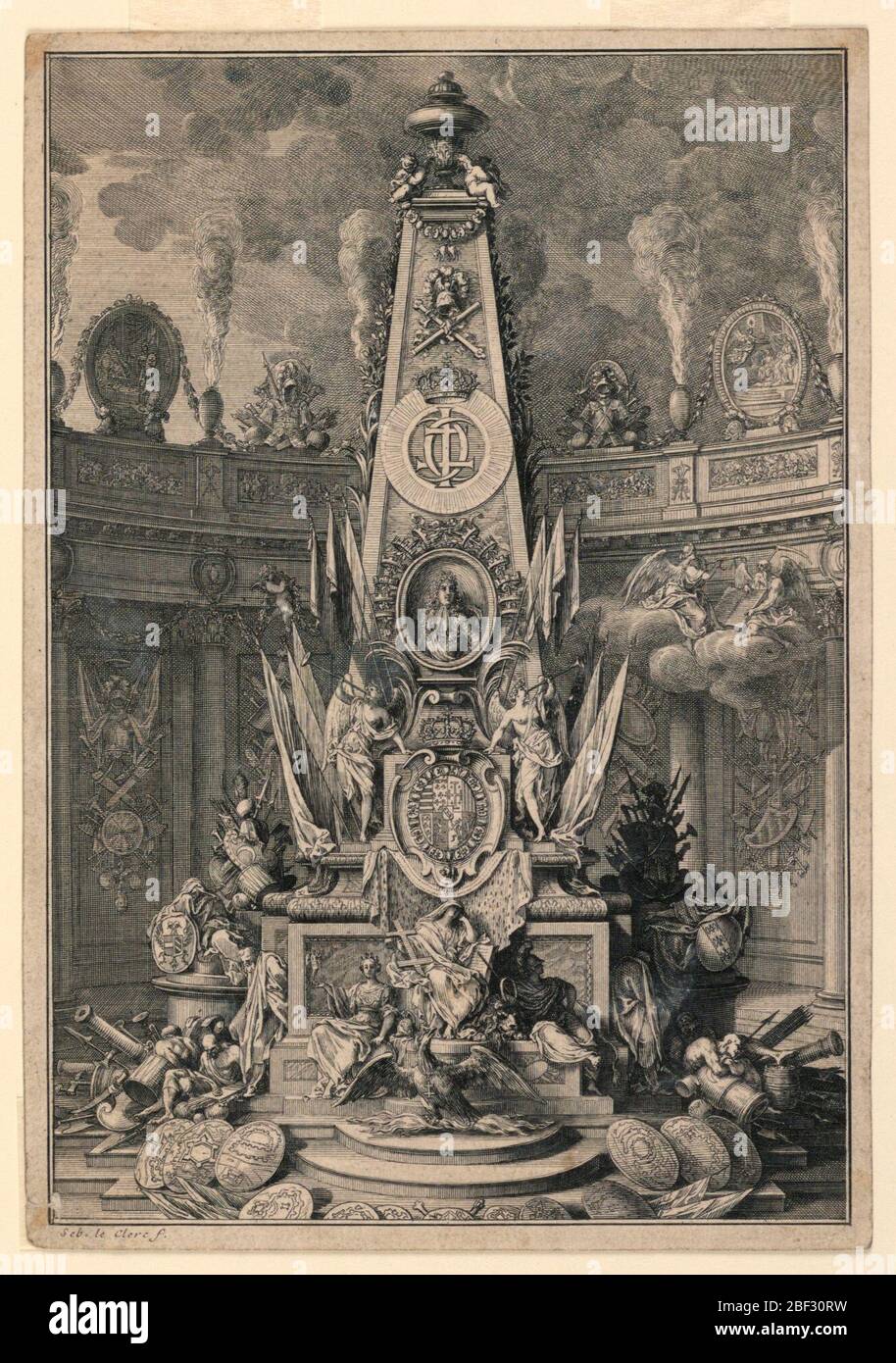 Ein Grabmal von Karl IV. Von Lothringen. Vertikales Rechteck. Vor einem halbkreisförmigen Bildschirm mit brennenden Urnen oben ist ein kunstvolles Denkmal in Form eines Obelisken gesetzt, das das Porträt, den Ausschnitt und die Einrichtung des Königs trägt, mit militärischen Trophäen und allegorischen Figuren. Stockfoto
