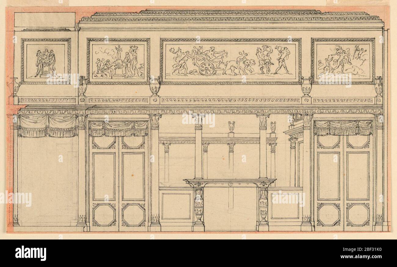 Design für eine Eingangswand eines Ankleidezimmers. Eine Wandtafel, die ein Kaminsims unter architektonischer Perspektive zeigt, wird von Falttüren flankiert. Eine weitere Wandplatte befindet sich neben der linken Tür. Es zeigt einen Vorhang im oberen Teil. Andere Vorhänge hängen von den Türrahmen. Stockfoto