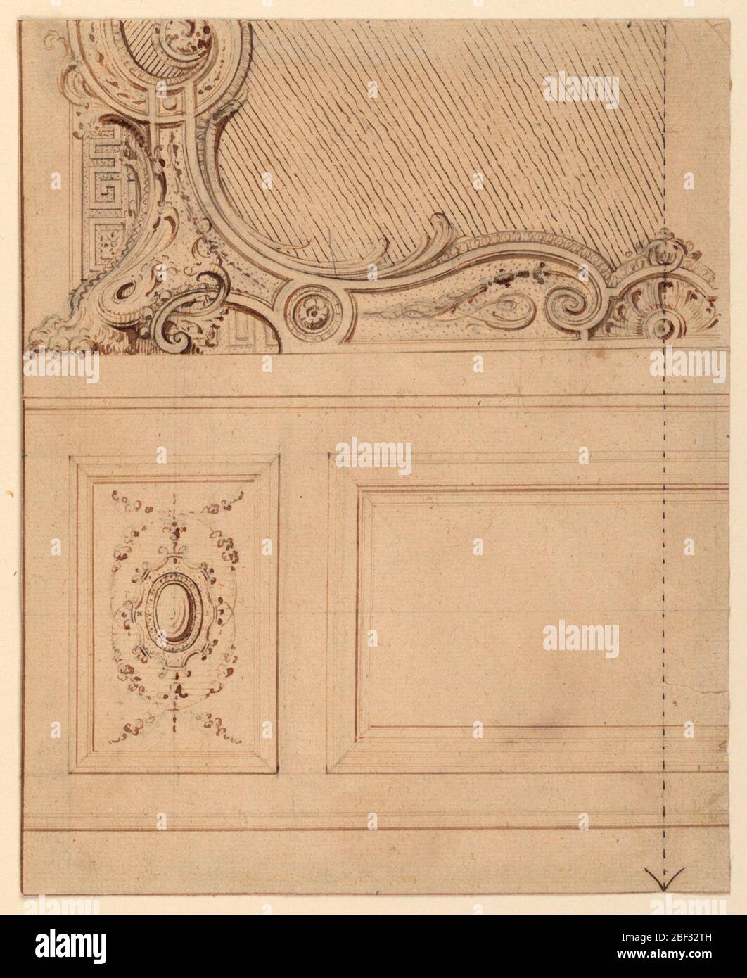 Design für den unteren Teil einer Wandplatte. Drei Tafeln der architektonischen Dekoration, obere Platte zeigt unteren linken Rahmen mit Klauenfuß; unten links mit floralem Design um zentrale gerahmte oval; mittlere Platte leer. Die gepunktete Linie mit dem Pfeil unten verläuft am rechten Rand. Stockfoto