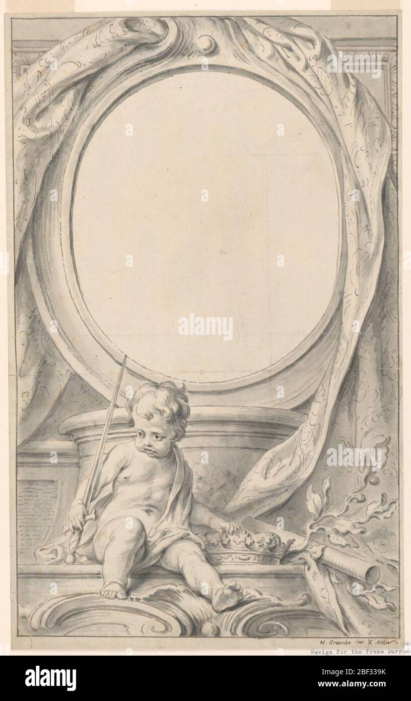 Design für Rahmen rund um das Porträt von William Russell First Duke of Bedford. Entwurf für einen Rahmen, der das Porträt von William Russell, dem ersten Herzog von Bedford, umrahmte. Eine Figur eines Kindes links, das ein Schwert hält, sitzt neben einer Krone und vor einem Sockel, auf dem ein ovoidaler Rahmen steht. Rahmenlinien in Stift und brauner Tinte. Stockfoto