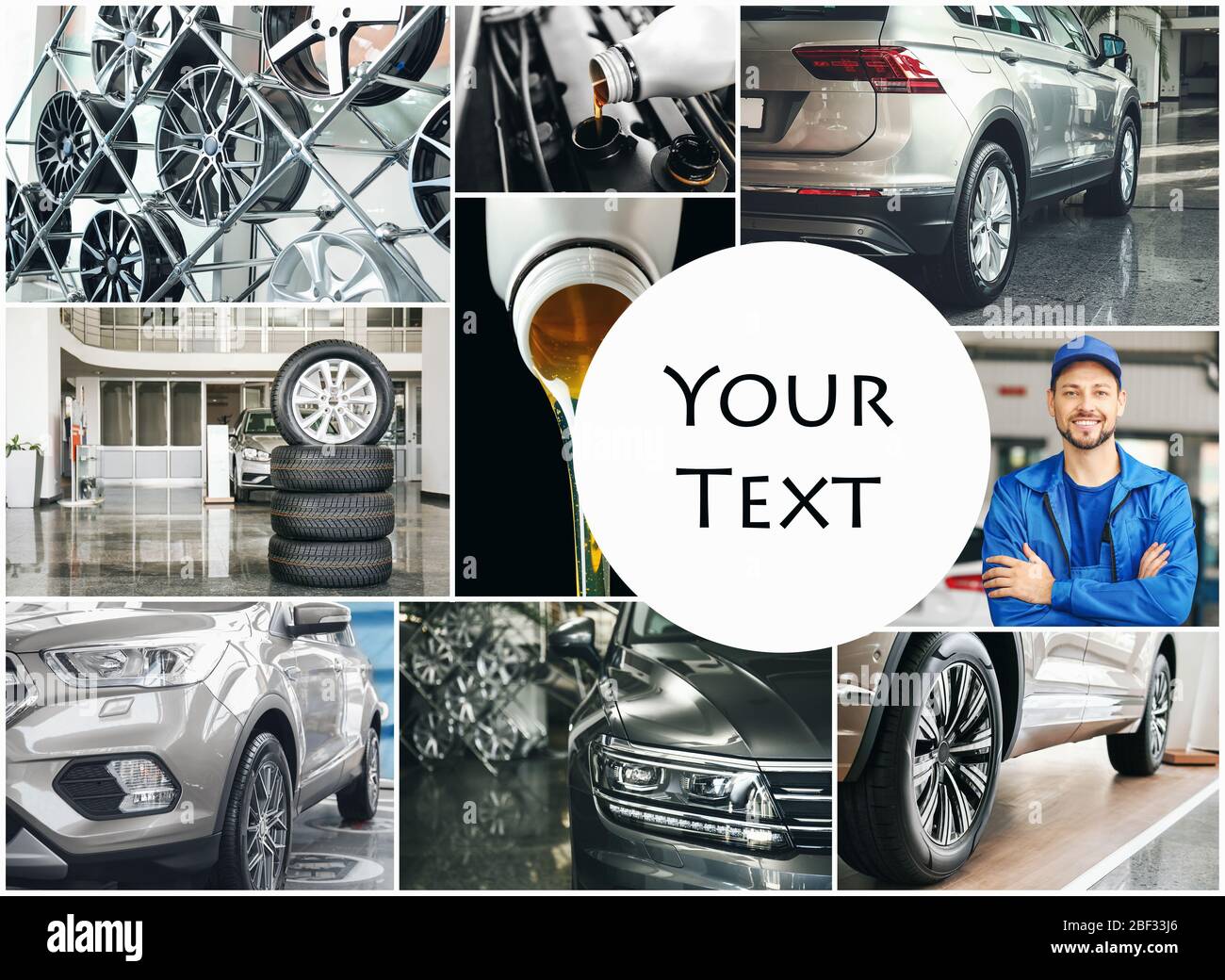 Collage aus Fotos mit Autoöl, männlichem Mechaniker und Raum für Text Stockfoto