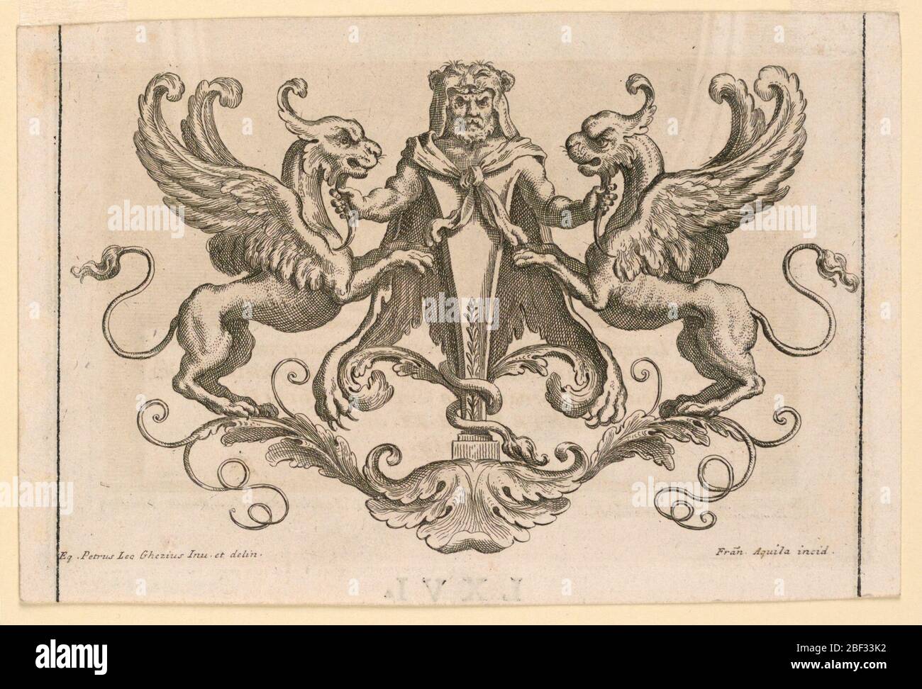 Ziernagel. Ein Reiher mit Löwenhaut über dem Kopf hält grassende Greifvögel an ihren Bärten. Alle sind auf einer Arabeske mit Akanthus-Blättern gestützt. Stockfoto