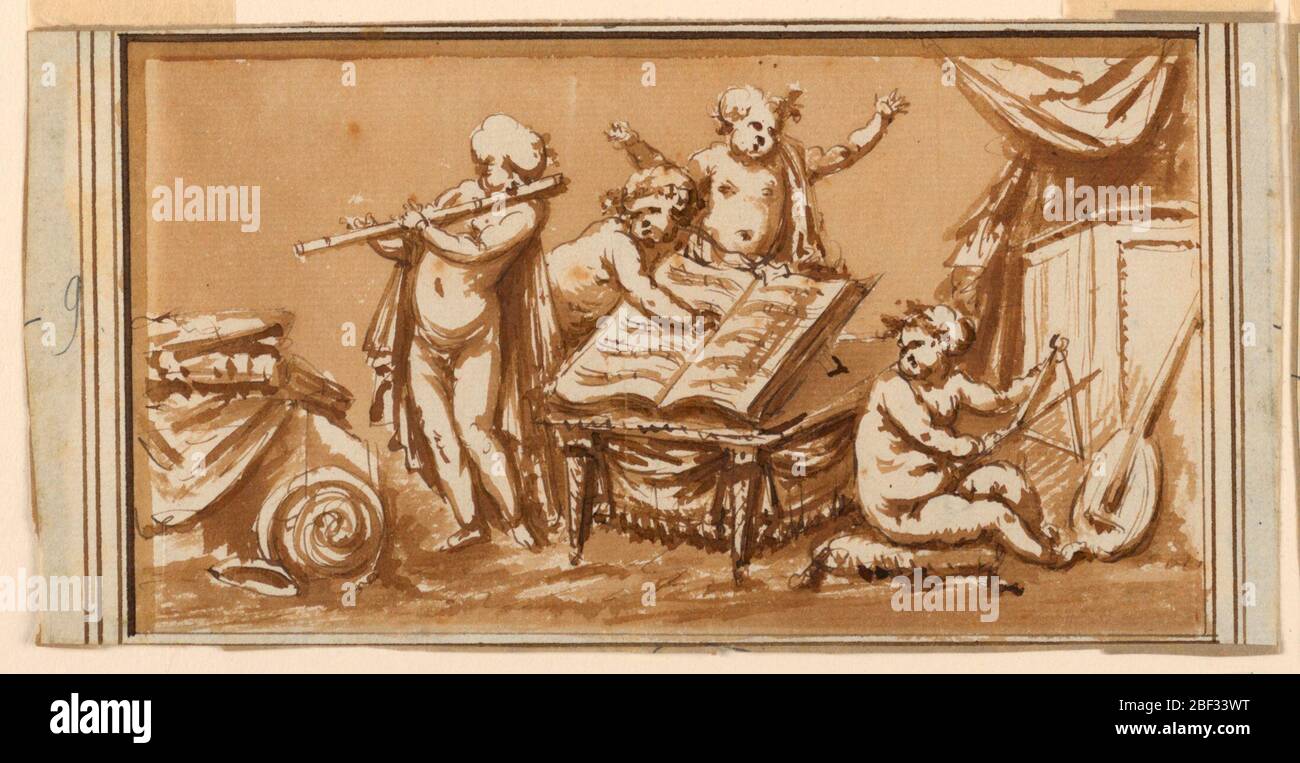 Design für einen Fries mit der Allegorie der Musik. Ein Putto spielt die Flöte, während ein anderer das Musikbuch hält. Ein Drittel spielt das Dreieck, ein Viertel hört zu. Stockfoto