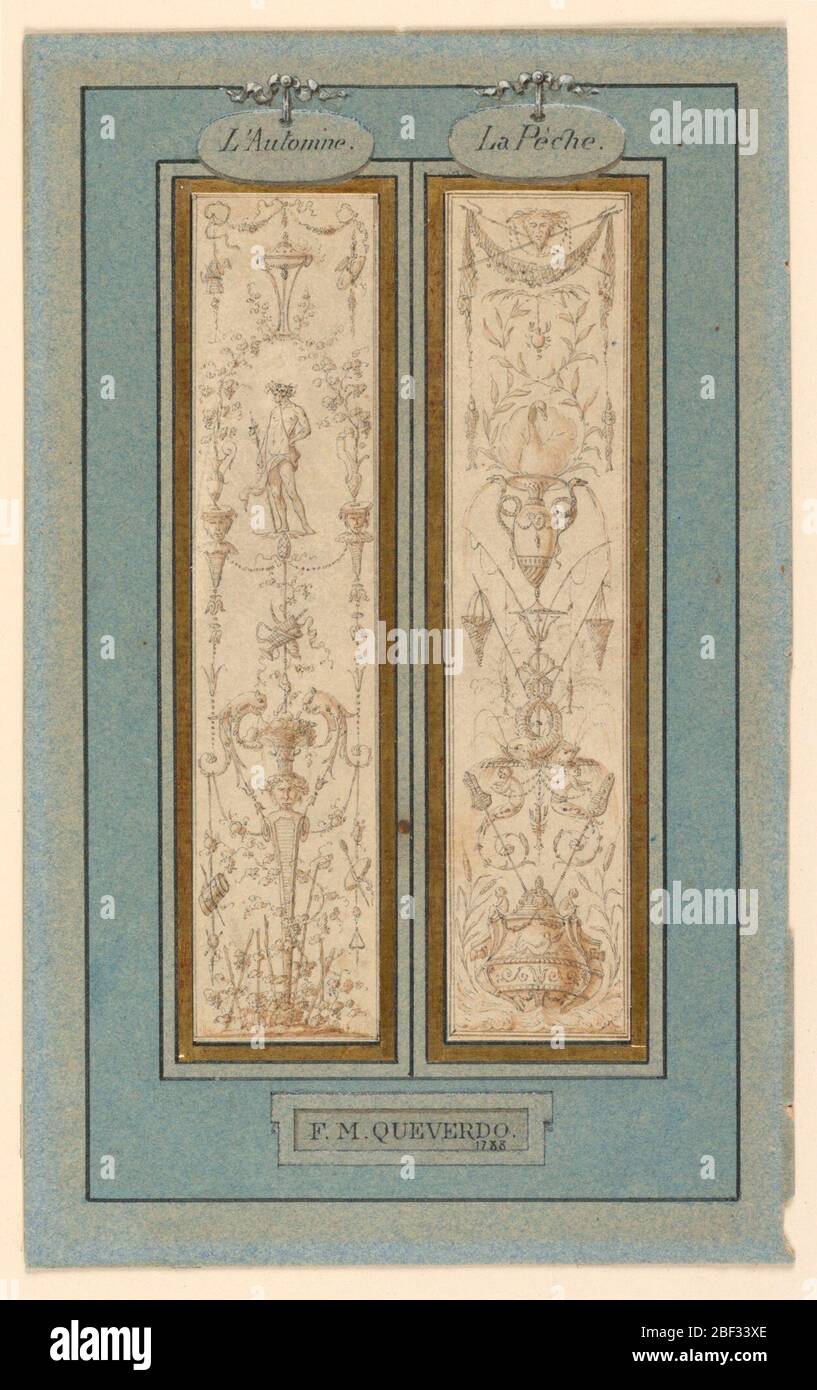 Design für Arabesque Panel. In der Mitte eine Vase mit Griffen aus Schlangen, aus denen Wasser in Urnen und Netze fällt. Unten, das Heck einer Galeere. Oben Fischnetze als Tauwerk. Stockfoto