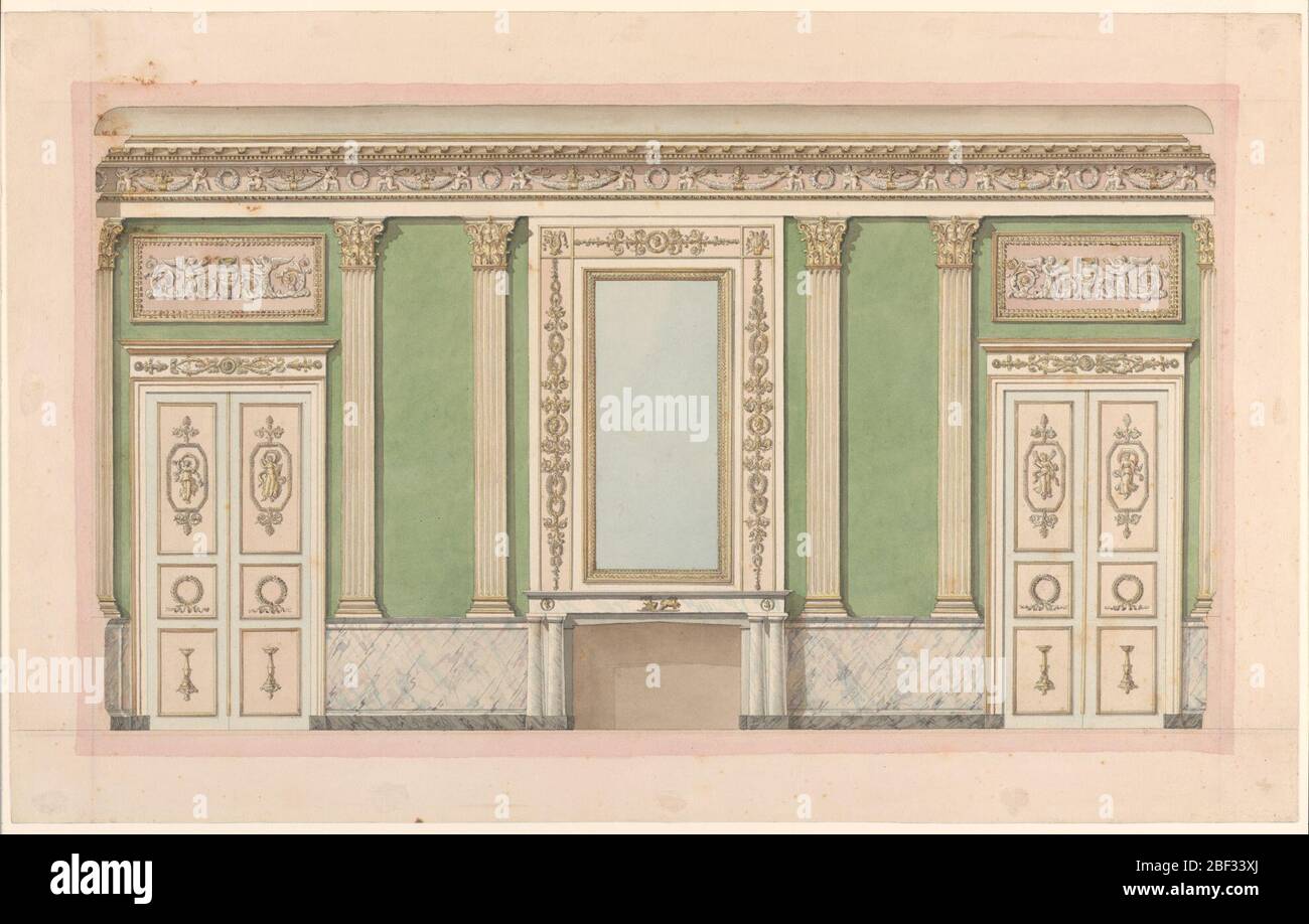 Design für eine Salon Eingangswand. Ein Kaminsims mit einem Spiegel in der Mitte, flankiert von Wandpaneelen mit zwei geriffelten Pilastern über Marmorschienen. Knieende Putti mit Festonen wechseln sich mit Kränzen in der friese der Entablatur ab. Stockfoto