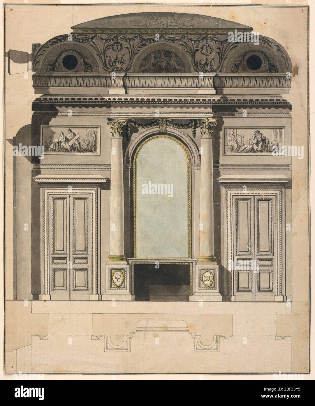 Design für eine Salonwand. Der Höhenabschnitt und der Plan werden angezeigt. Ein Kaminstück mit einem gewölbten Spiegel als Übermanel, flankiert von zwei eingebetteten Kombanten, die Sockeln sind monogramiert mit CP bzw. MD. Falttüren werden seitlich angebracht. Stockfoto