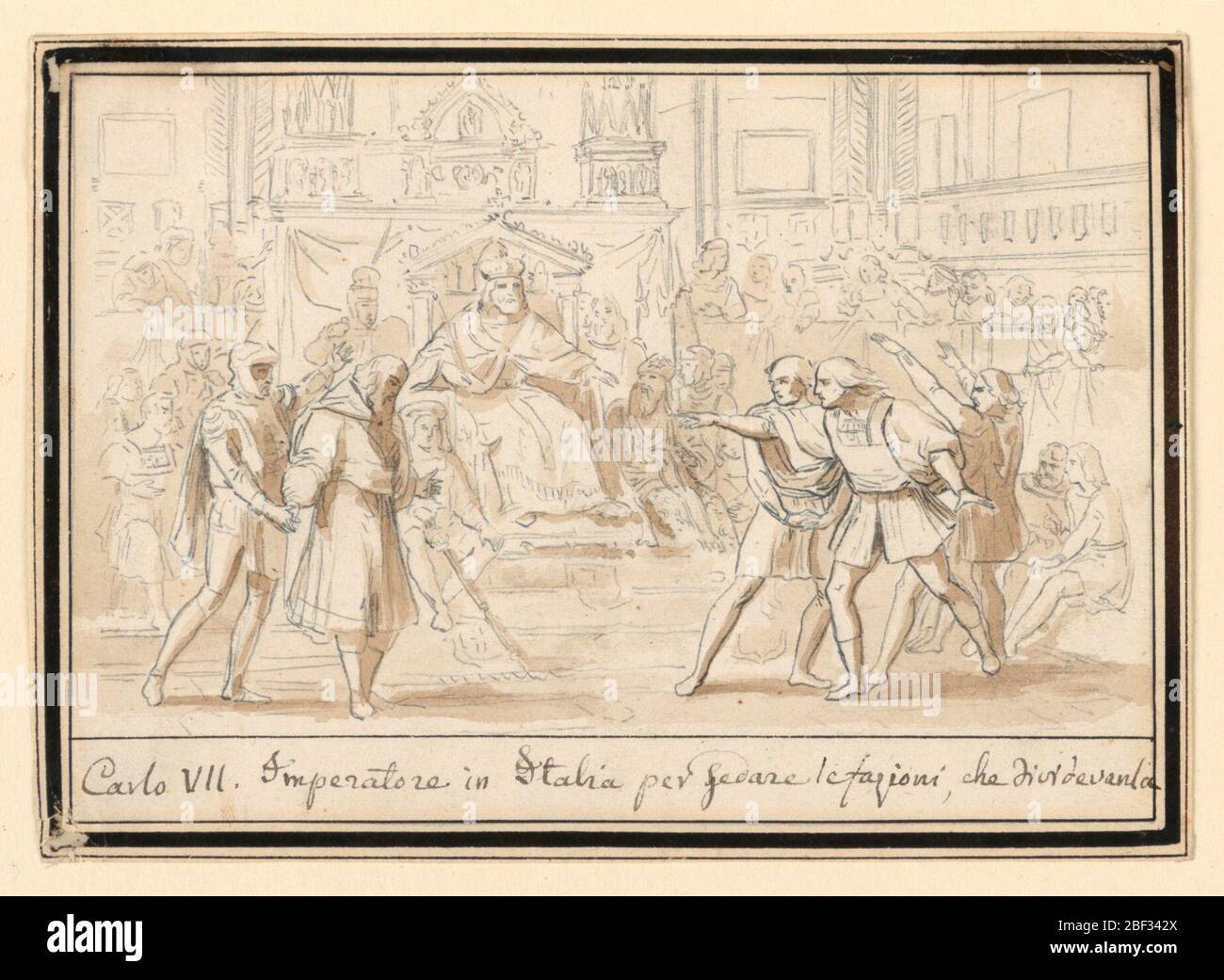 Versöhnung der Feinde in Italien durch Kaiser Heinrich VII. In einer großen, überfüllten Halle thront der Kaiser in der Mitte. Im Vordergrund links und rechts stehen zwei Gruppen von Männern, die ihre Bereitschaft zur Versöhnung zum Ausdruck bringen. Stockfoto