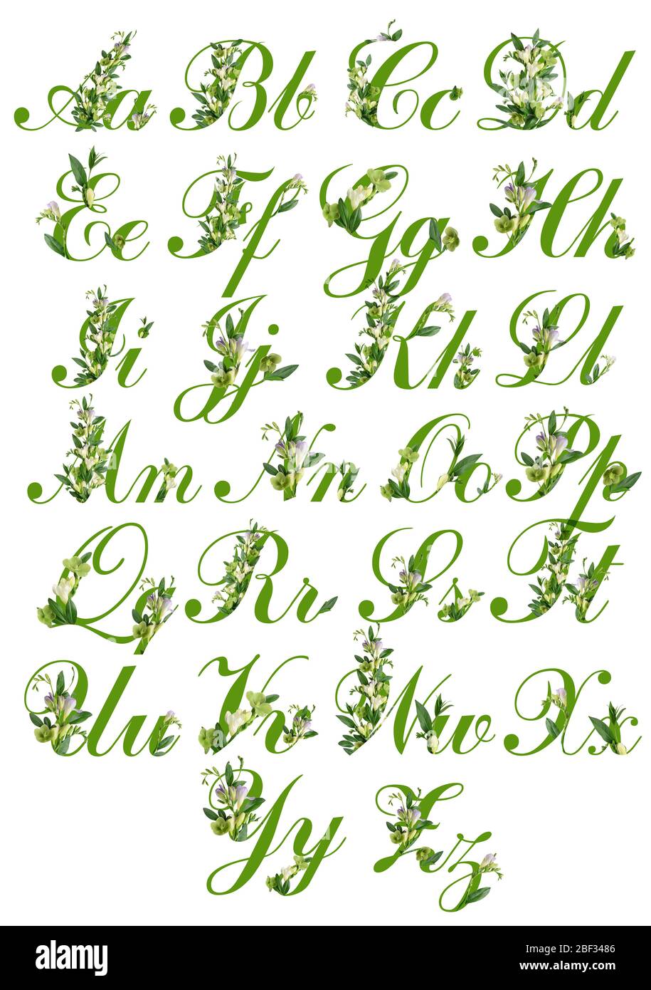 Englische Alphabet Buchstaben mit schönen Blumen auf weißem Hintergrund Stockfoto