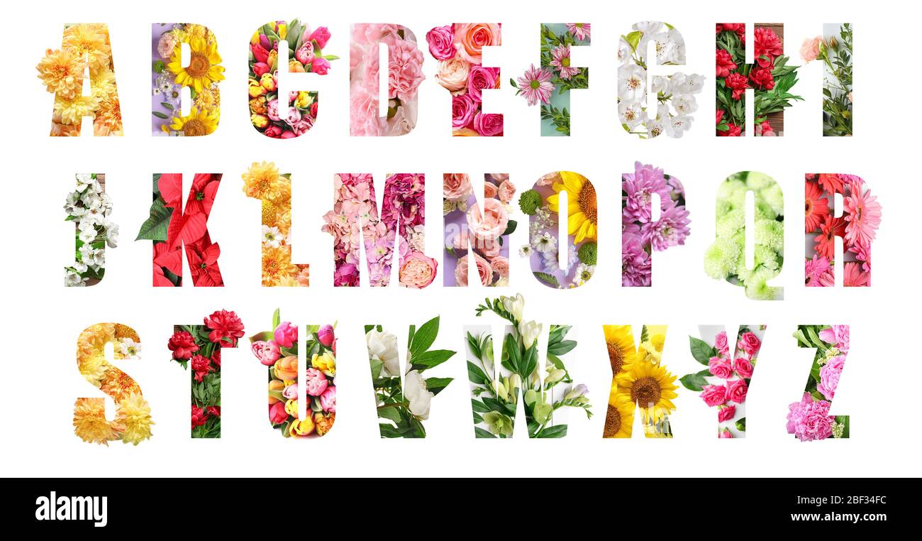 Englische Alphabet Buchstaben mit schönen Blumen auf weißem Hintergrund Stockfoto