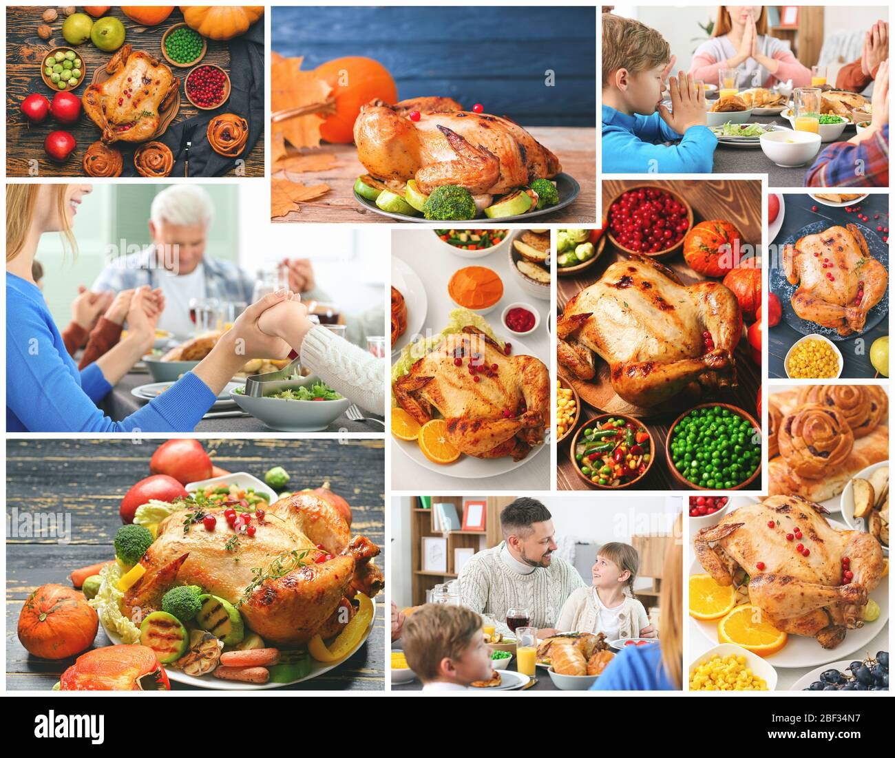 Collage aus Fotos mit Familie feiern Thanksgiving Day und leckere gebackene Truthähne Stockfoto