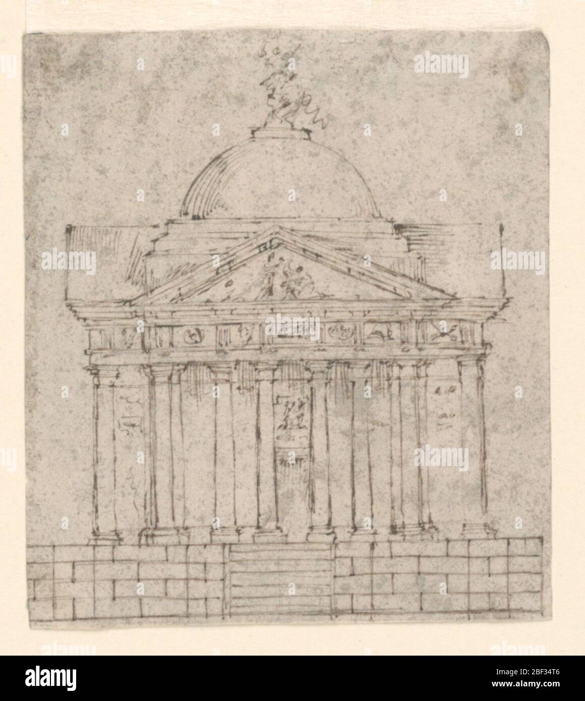 Tempietto Elevation. Erhebung eines kuppeligen Tempietto auf einer hohen Basis, die durch Treppen angefahren. Passende Portikus erscheinen auf allen Seiten mit Säulen des Dorischen Ordens und skulpturale Entablatur und Giebel. Stockfoto Tempietto Elevation. Erhebung eines kuppeligen Tempietto auf einer hohen Basis, die durch Treppen angefahren. Passende Portikus erscheinen auf allen Seiten mit Säulen des Dorischen Ordens und skulpturale Entablatur und Giebel. Stockfoto