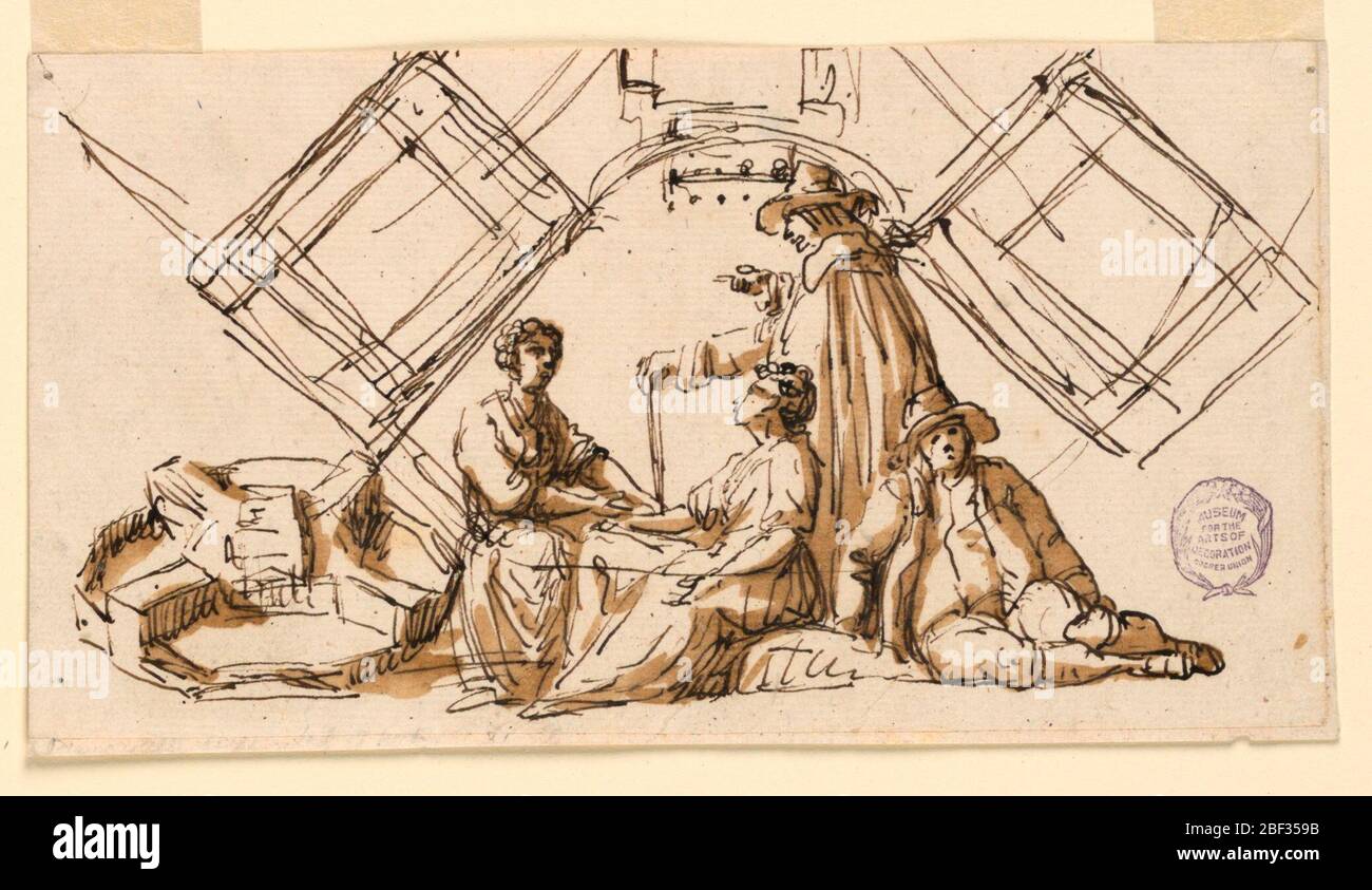 Der Teil des Blattes des Zeichnungsbuches die Figuren und die architektonischen Pläne. Eine Gruppe von zwei Frauen, die sitzen und ein Mann stehen, sind in Unterhaltung engagiert. Er ist nach holländischer Mode des 17. Jahrhunderts gekleidet. Ein anderer Mann, der rechts sitzt, ist wie ein niederländischer Bauer gekleidet. Stockfoto