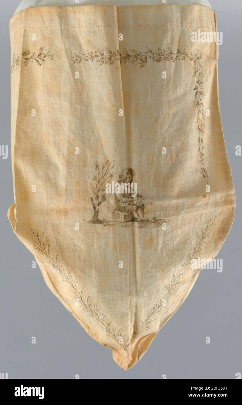 Tasche mit Stift und Tuschezeichnung. Off-White Tasche mit einem sehr feinen Stift und Tuschezeichnung. Auf der einen Seite ein Putti, der auf einem Schiefer schreibt: 'souvenir'. Auf der anderen Seite steht eine Schriftrolle mit der Aufschrift 'Eloise an Lucy, 22. August 1810'. Diese sind von minutiös gezeichneten Girlanden begrenzt. Stockfoto