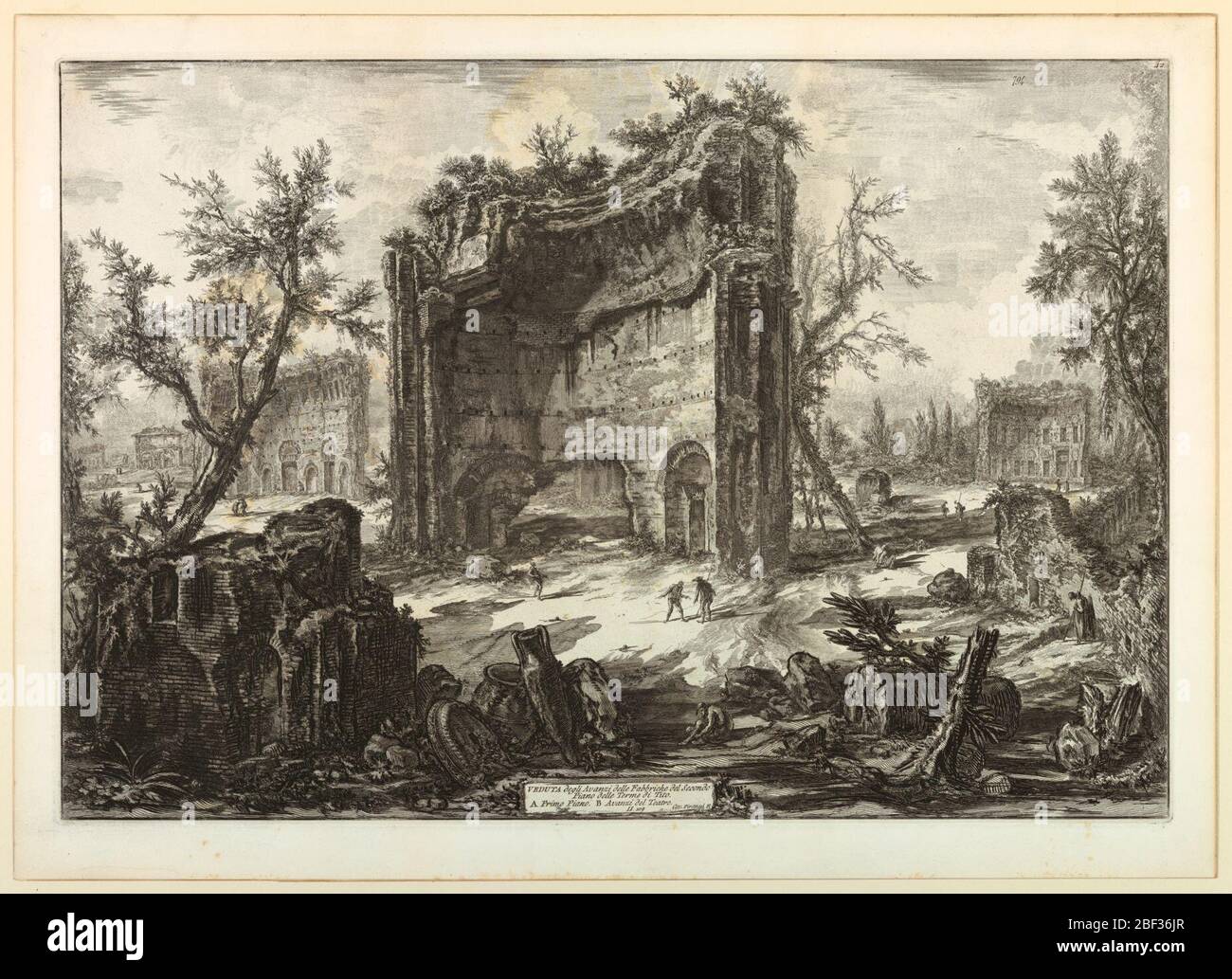 Bäder von Trajan. Blick auf einen großen Teil der Ruinen der Thermen von Trajan. Kleinere Abschnitte links und rechts im Hintergrund. Titel auf Kartusche, Mitte unten: 'Veduta degli Avanzi delle Fabbriche...' In Kartusche signiert, rechts 'Cav. Piranesi F.' Stockfoto