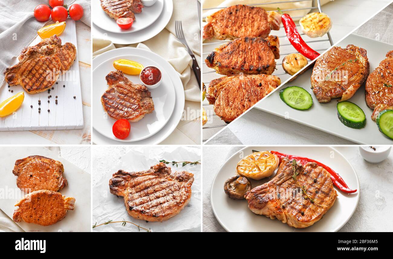 Collage aus Fotos mit gekochten Schweinefleisch Steaks und Gemüse Stockfoto