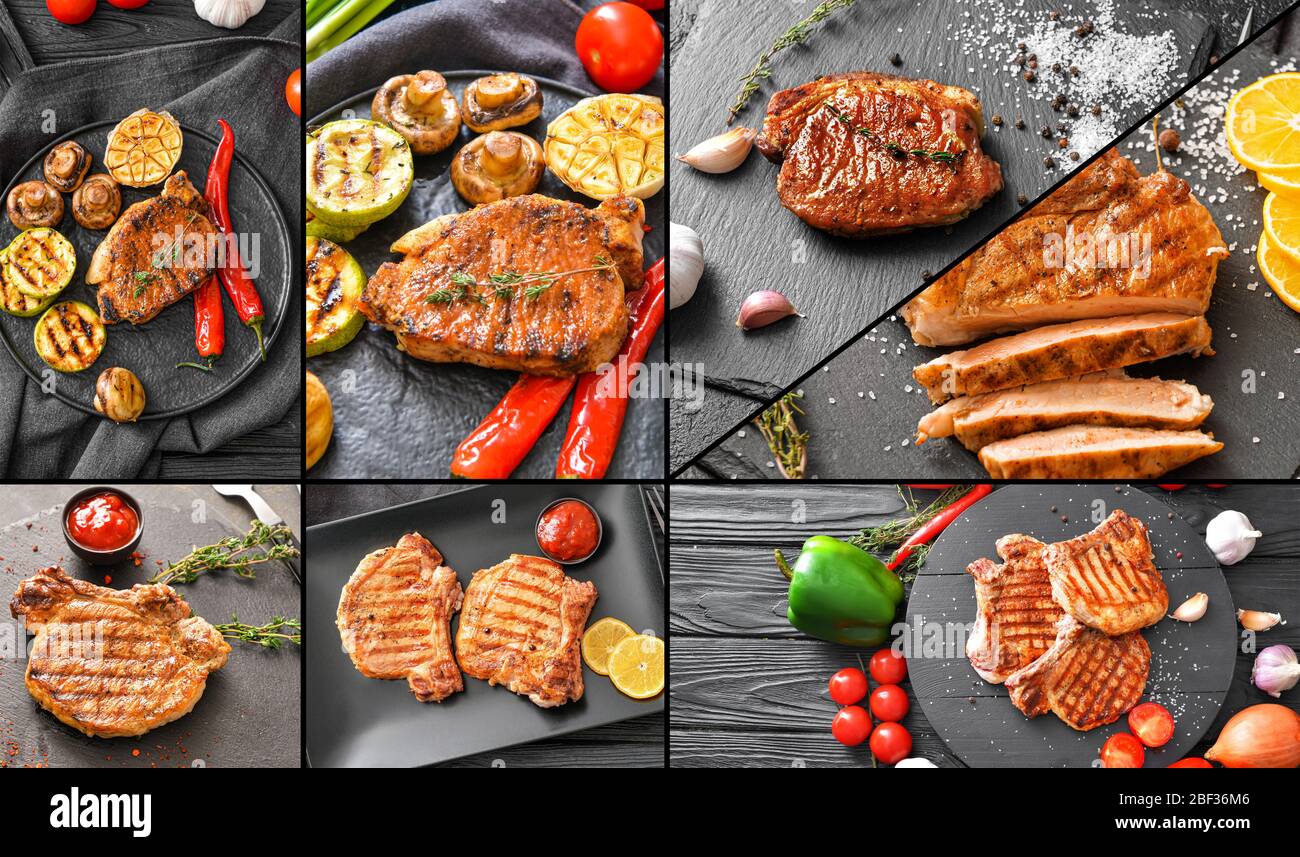 Collage aus Fotos mit gekochten Schweinefleisch Steaks und Gemüse Stockfoto