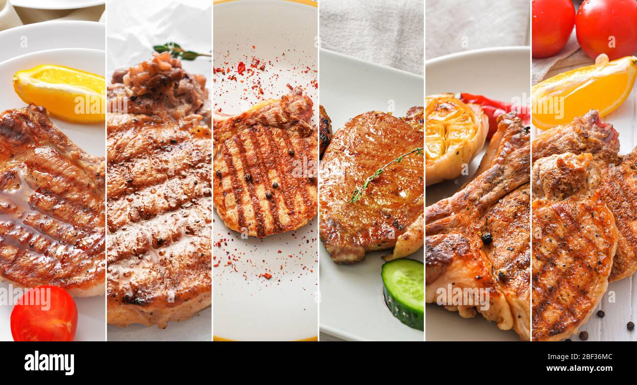 Collage aus Fotos mit gekochten Schweinefleisch Steaks Stockfoto