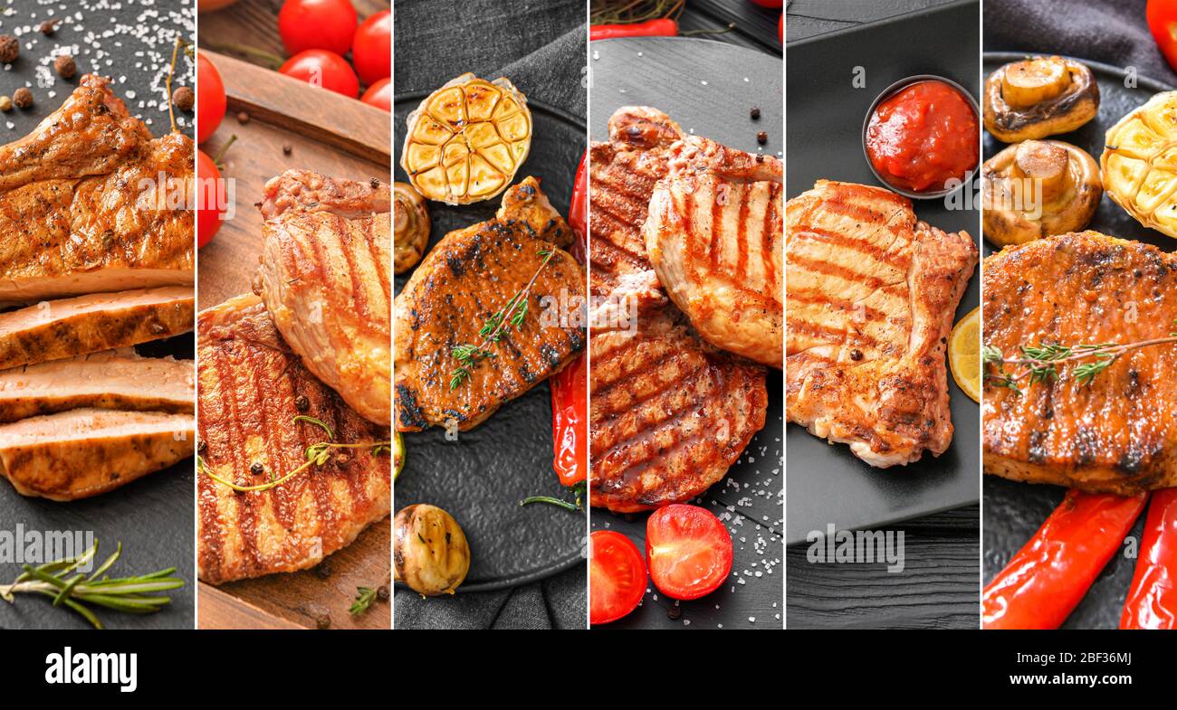 Collage aus Fotos mit gekochten Schweinefleisch Steaks und Gemüse Stockfoto