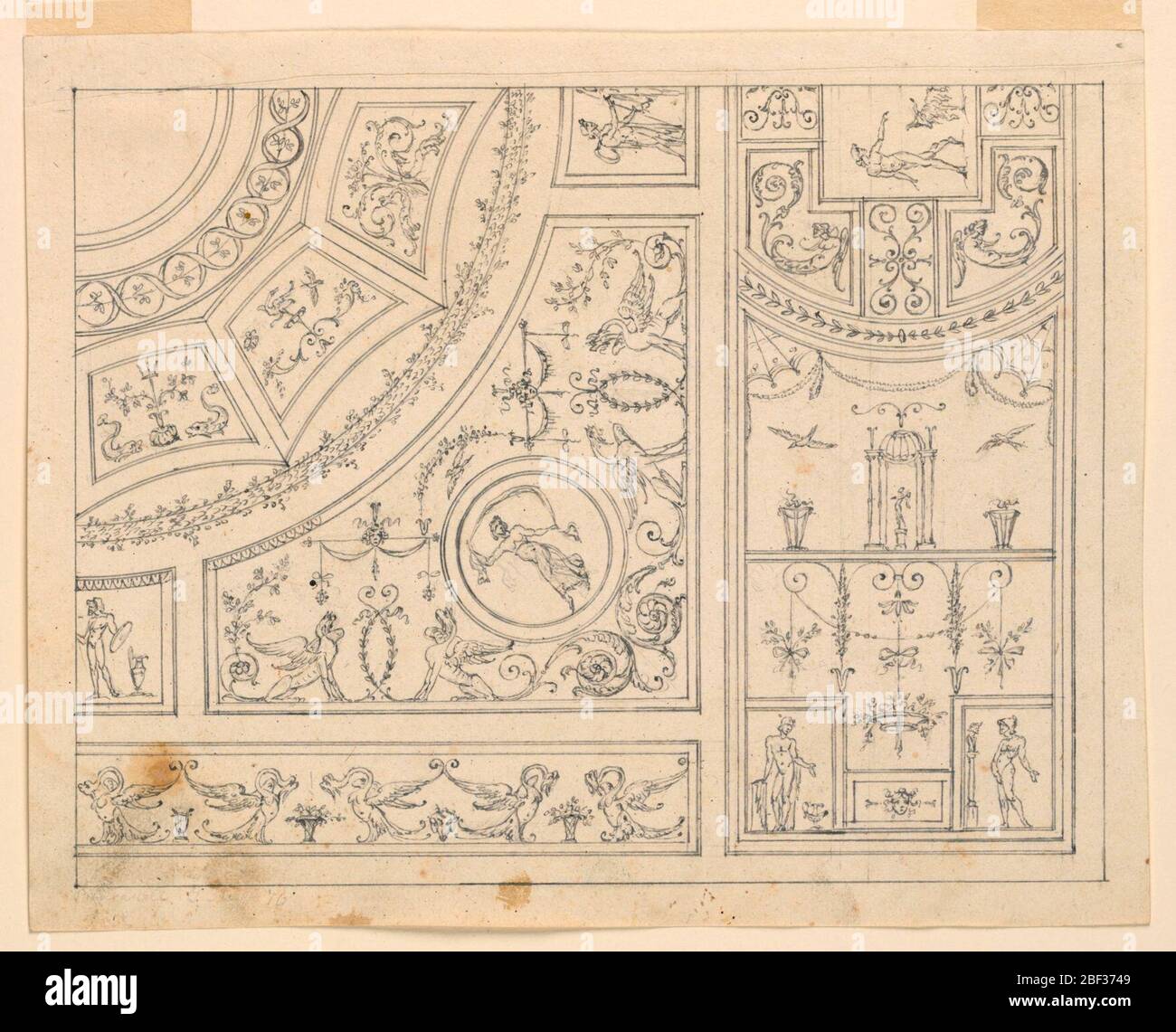 Projekt für eine Decke. Teil einer Decke in Paneele mit Grotesken unterteilt gezeigt. Stockfoto