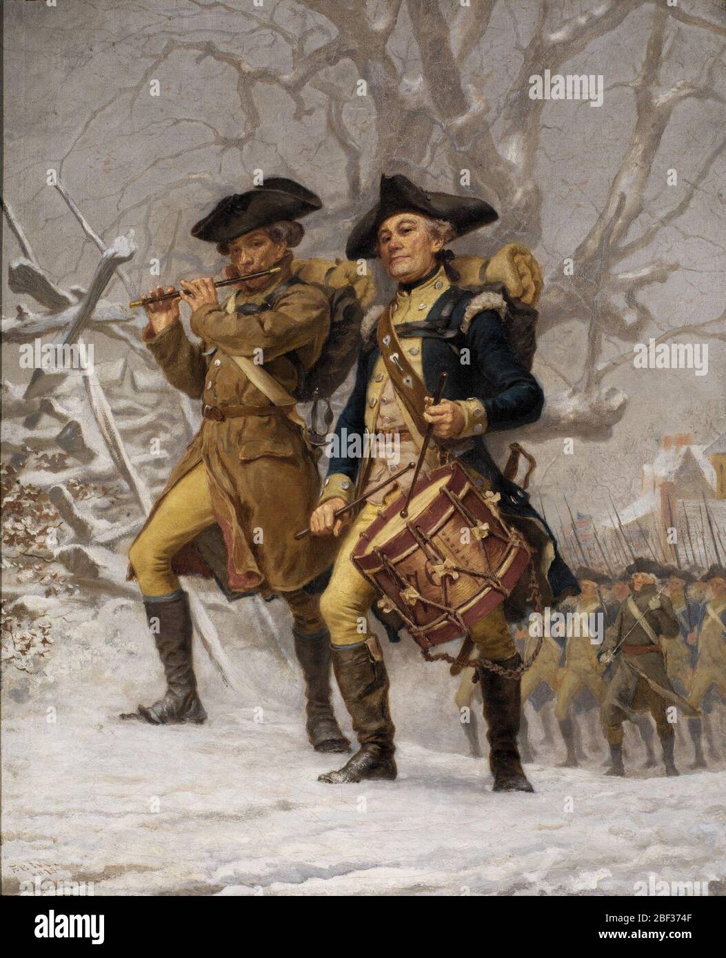 Die Kontinentalitäten. Frank Blackwell Mayer malte diese Szene von kontinentalen Soldaten auf dem hundertsten Jahrestag der Schlacht von Bunker Hill, der ersten großen Schlacht des Revolutionären Krieges. Stockfoto