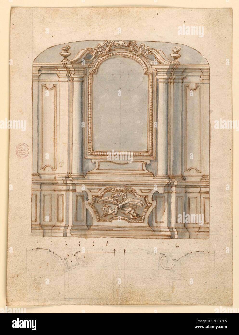 Projekt für einen Alter. Gebogene Palmenhusten in einem Escutcheon an der Vorderseite der mensa. Schräg stehende eingebettete Säulen unterstützten kleine Eckleisten eines gebrochenen Giebels. Seitlich Pilaster und Giebel. Stockfoto