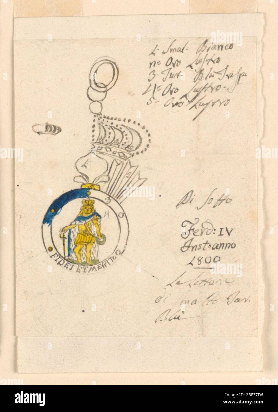 Entwurf für ein Abzeichen des sizilianischen Militärordens. Arbeitsskizze mit einem Entwurf für ein Abzeichen des R.sizilianischen Militärordens von St. Ferdinand und von Verdienst. Links eine kleine Skizze eines Teils einer Krone. Stockfoto