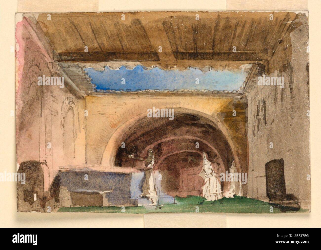 Bühnenbild Interieur von Haus und Hof. Horizontales Rechteck. Das Innere des Hauses und des Gerichts, Menschen in Aktion im Zentrum. Verso: Plan des Erdgeschosses. Stockfoto