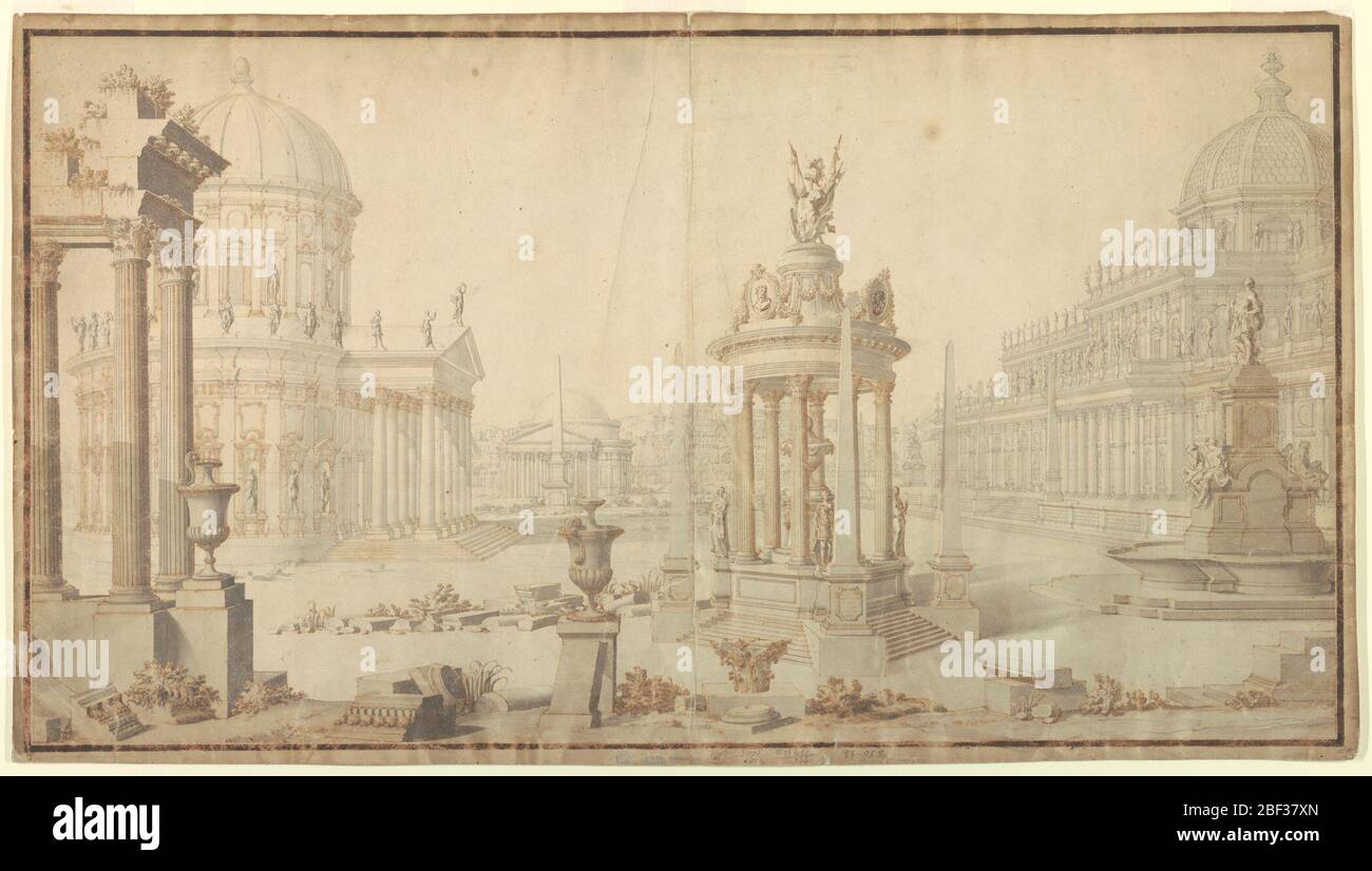 Bühnenbild Architektonische Fantasie. Horizontale Darstellung einer fantastischen Architekturszene mit Ruinen, Denkmälern, Obelisken und verschiedenen Kuppelgebäuden. Rahmenlinien. Stockfoto