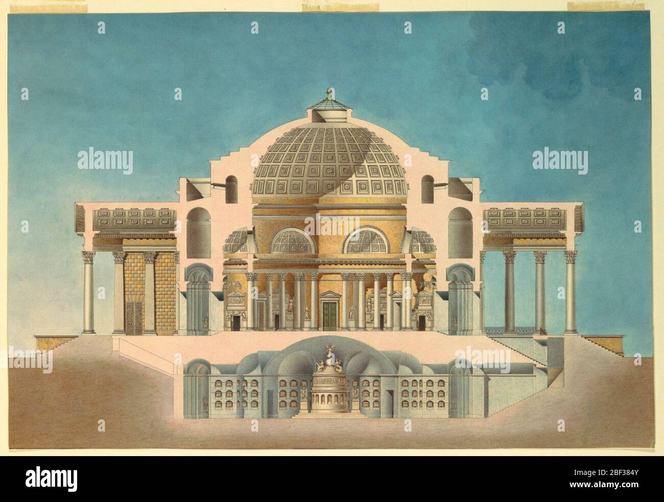 Zeichnung für eine Oratorial Memorial Chapel. Abschnitt eines runden Gebäudes. Eine zentrale, kuppelige Halle ist von Fluren umgeben. Die Portikus sind links und rechts. Von letzterem führt eine Treppe hinunter zu unterirdischen Räumen. In der Mitte steht ein großes Grabmal. Stockfoto